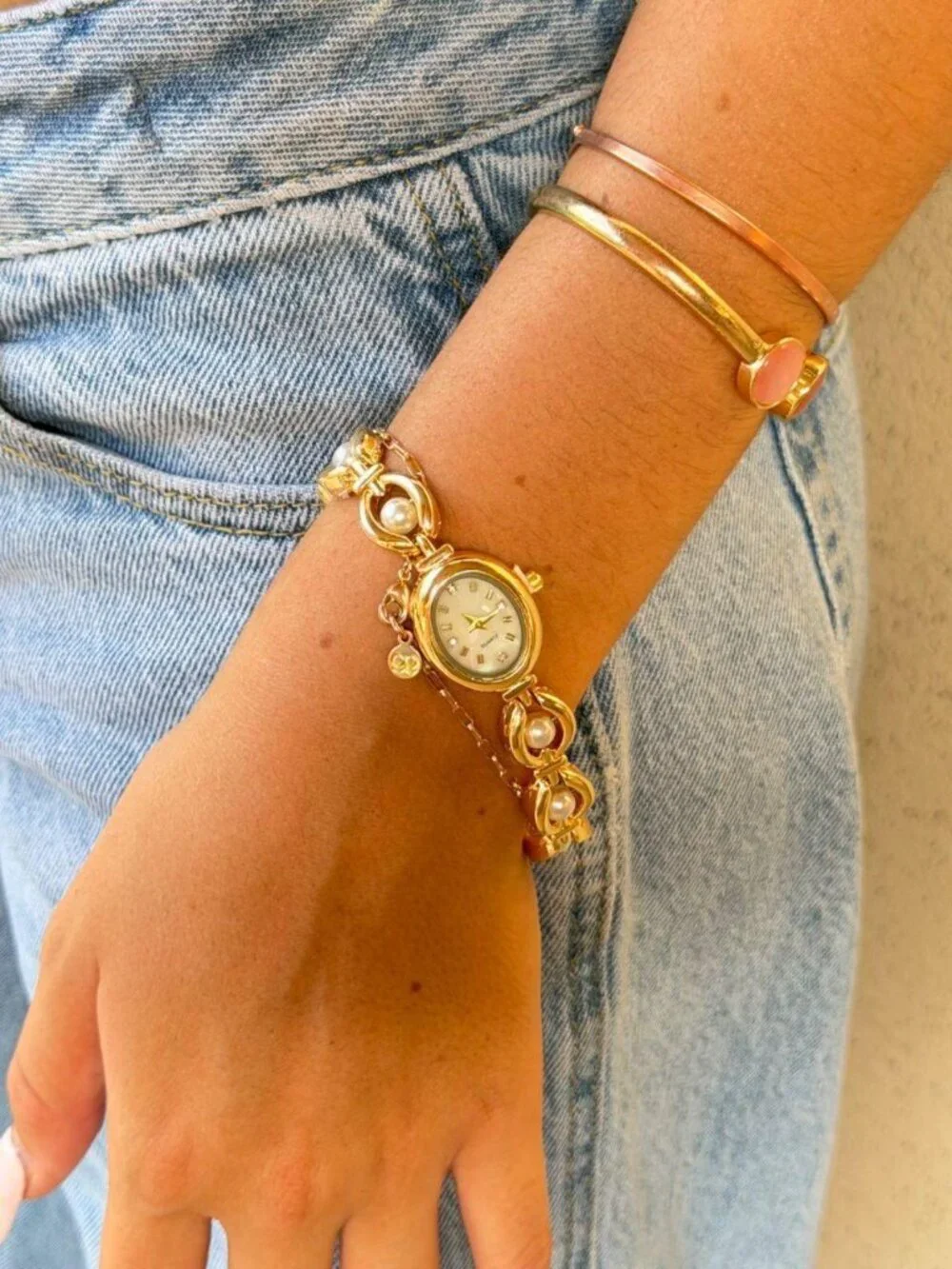Dainty Gold Faux Pearl Dial Watch Preppy Y2K OS